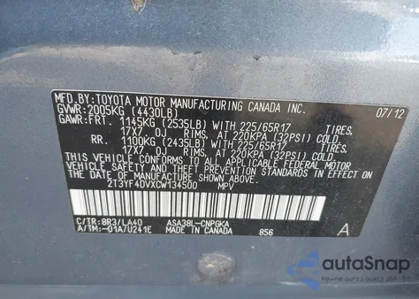 2012 Toyota Rav4 Limited from USA, damaged, VIN 2T3YF4DVXCW134500